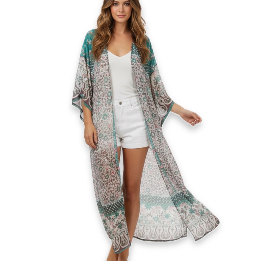 Long Kimono Duster Lightweight Sheer Floral Fabric